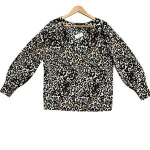 TALBOTS Merino Wool Leopard Print V Neck Sweater Womens 1XP‎ Petite Soft Warm